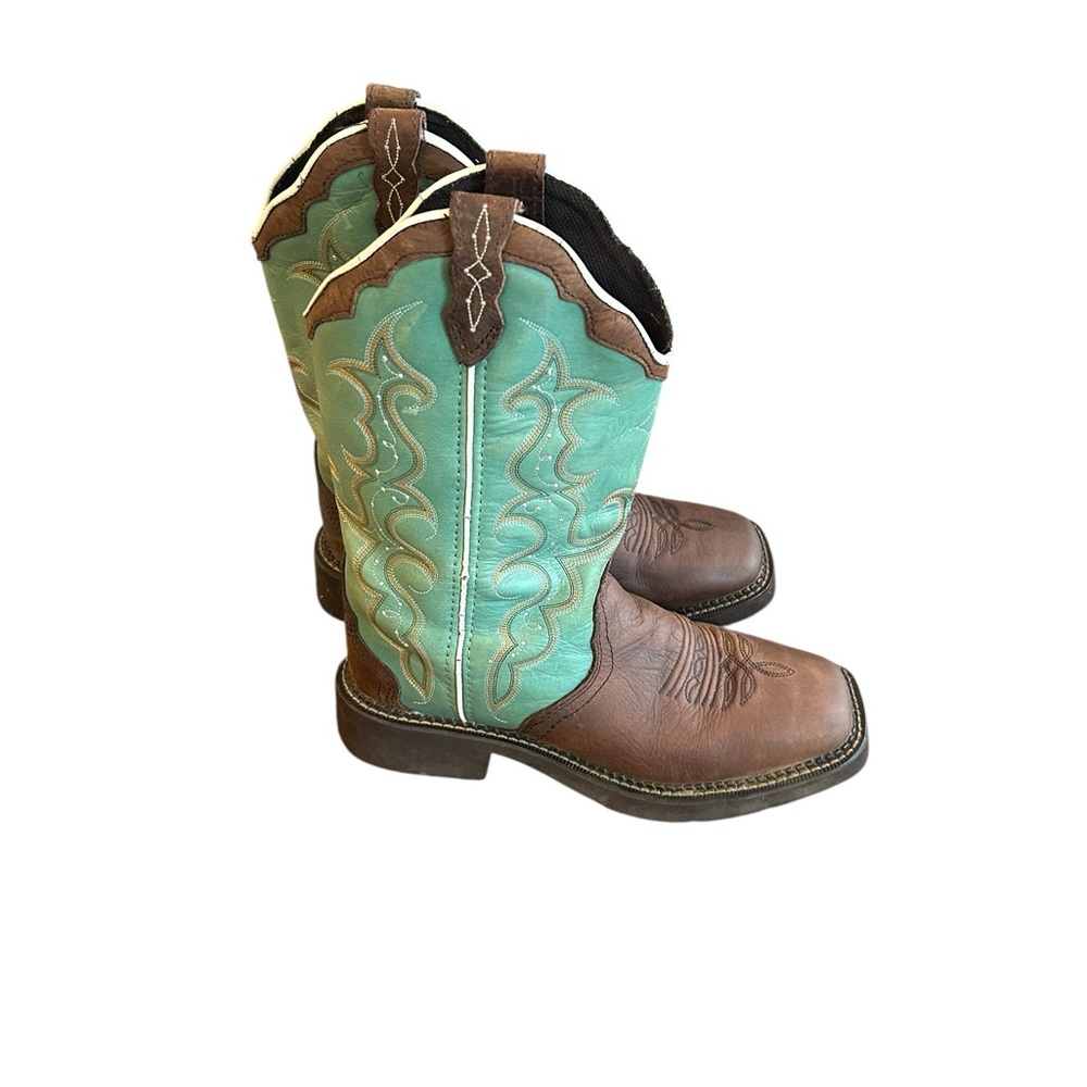 Justin Boots Brown Leather Foot + Turquoise Shaft Women's Heeled Cowboy Boots